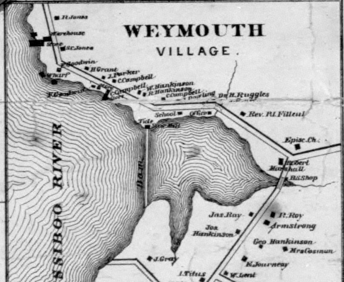The 1864 Church map showing a portion of the villiage of Weymouth. Notice Moody's dam at the mouth of the Sissiboo River (also known as Mill Pond. Also notice the saw mill at the start of the dam. Across the road the residences of W. HANKINSON and R. HANKINSON.